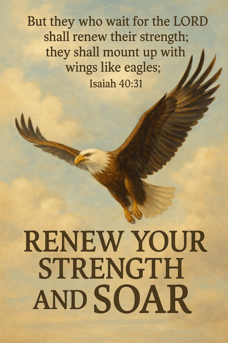 Eagle soaring through soft clouds with Isaiah 40:31 Bible verse about renewing strength