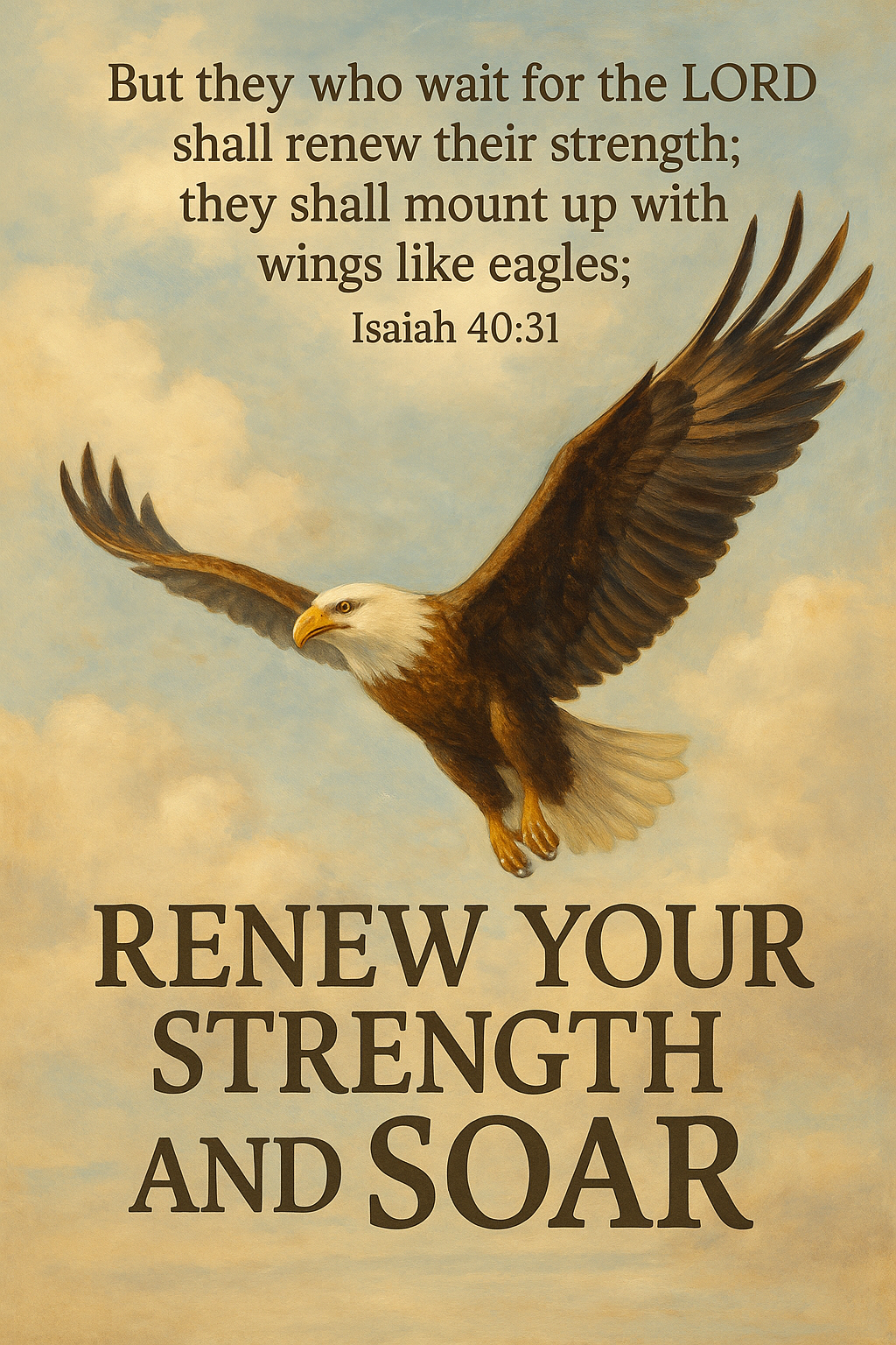 Eagle soaring through soft clouds with Isaiah 40:31 Bible verse about renewing strength
