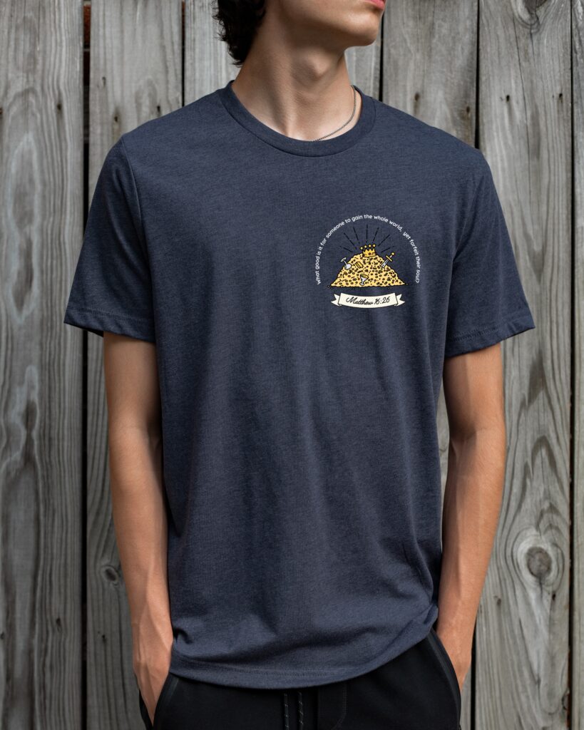 Matthew 16:26 Christian men’s t-shirt — gain the world lose your soul design