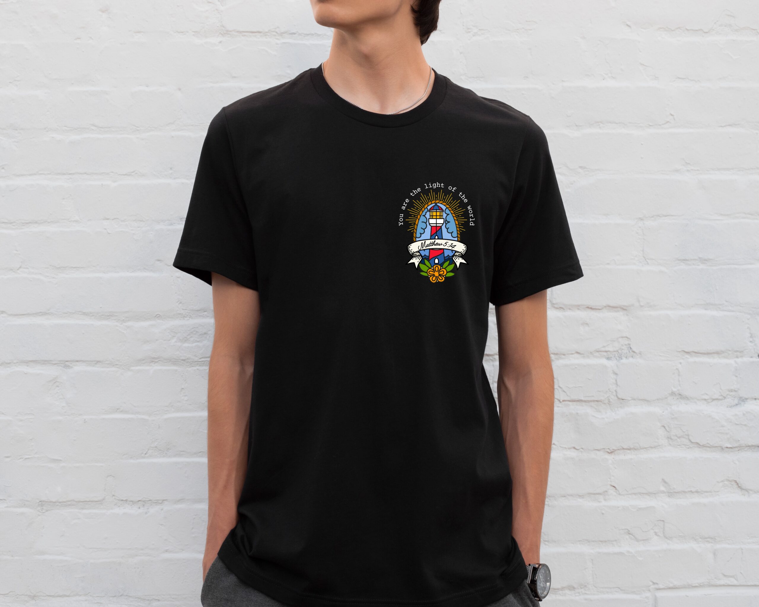 Faith-inspired men’s t-shirt with lighthouse and scripture — be the light of the world apparel